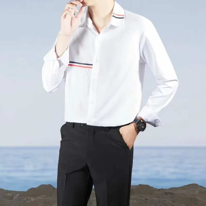 Hong Kong style loose-fit cotton blend cardigan shirt in light blue, showing non-ironing casual design.