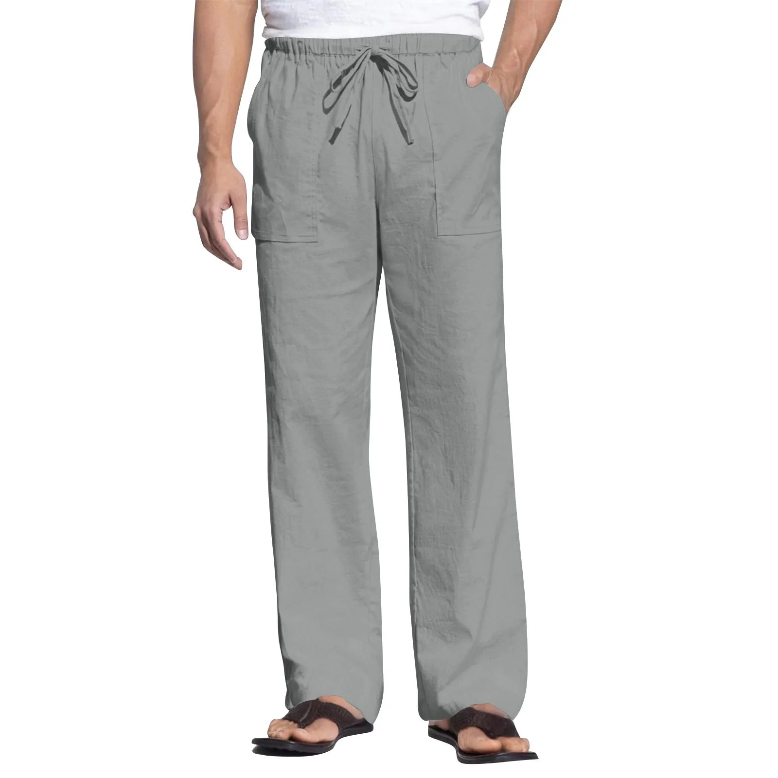 Men's cotton linen beach trousers with drawstring elastic waist straight cut casual pants