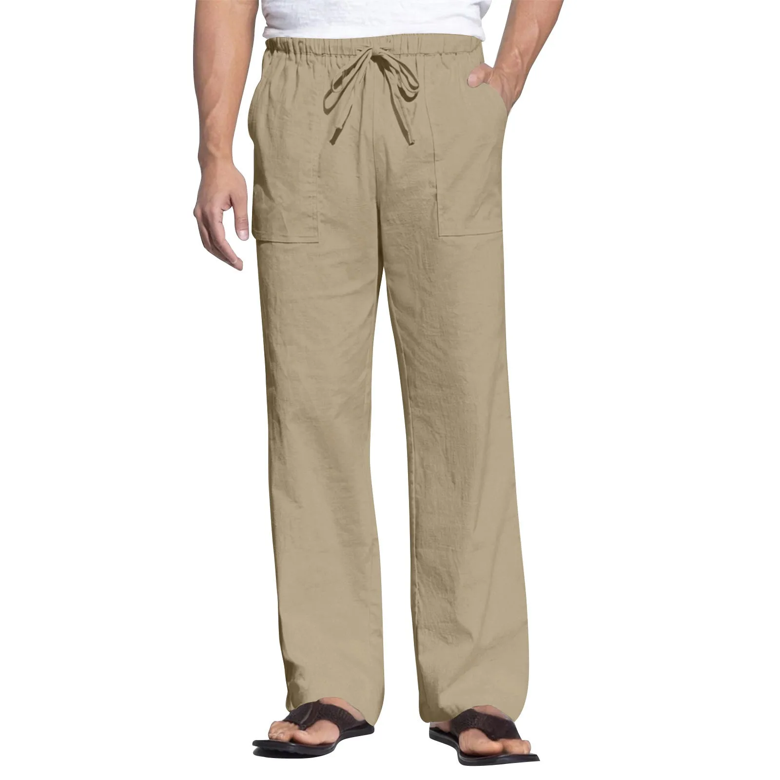 Men's cotton linen beach trousers with drawstring elastic waist straight cut casual pants