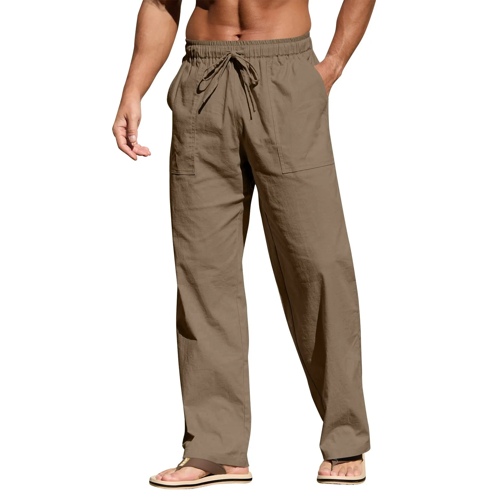 Men's cotton linen beach trousers with drawstring elastic waist straight cut casual pants
