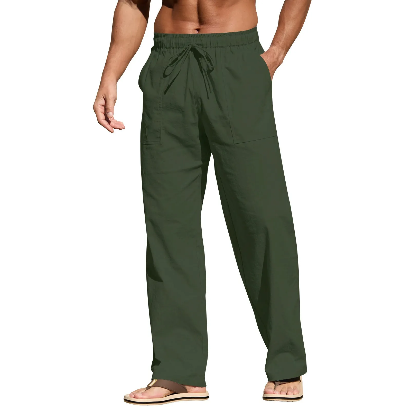 Men's cotton linen beach trousers with drawstring elastic waist straight cut casual pants