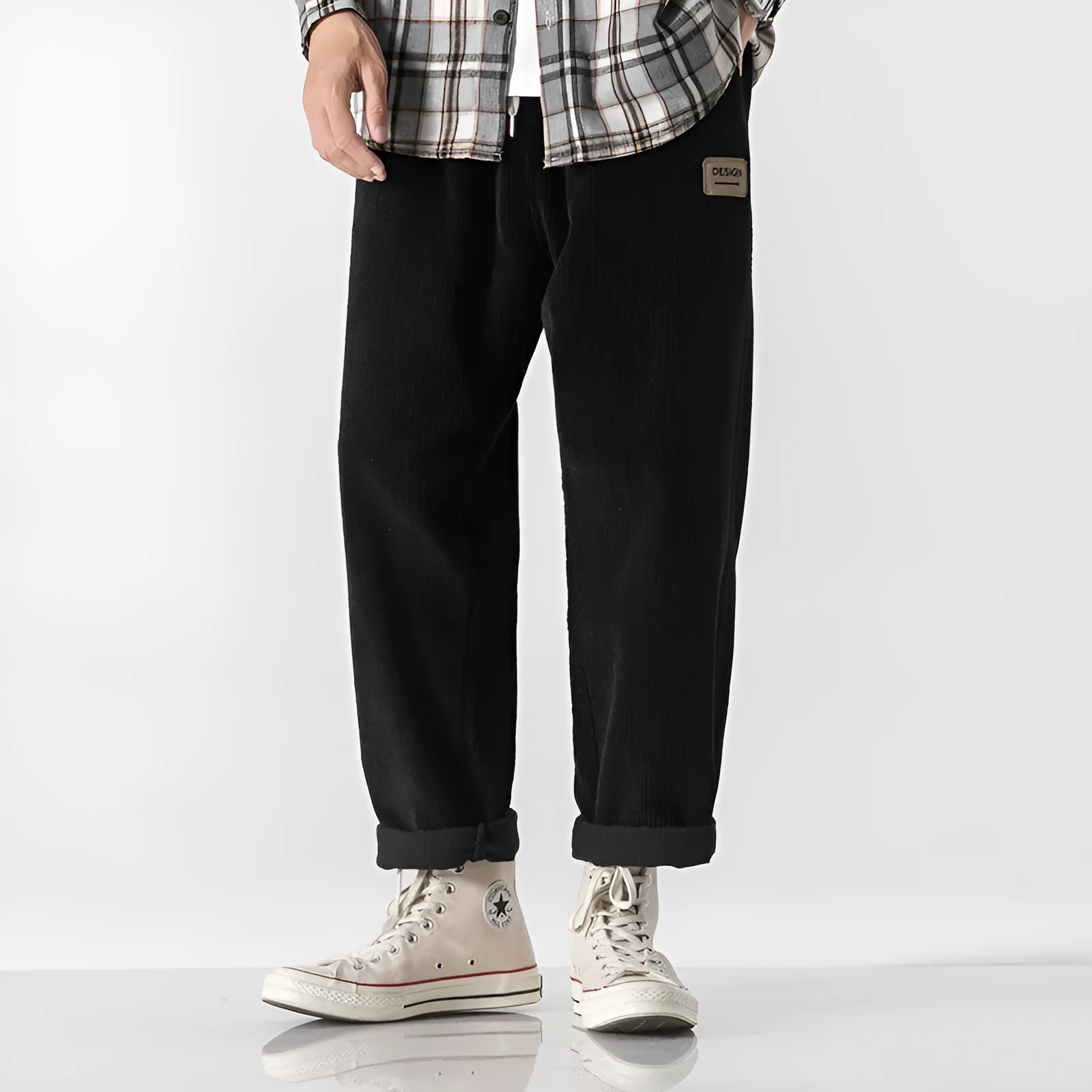 Men's loose straight corduroy sports trousers in Army Green colour with mid-waist design