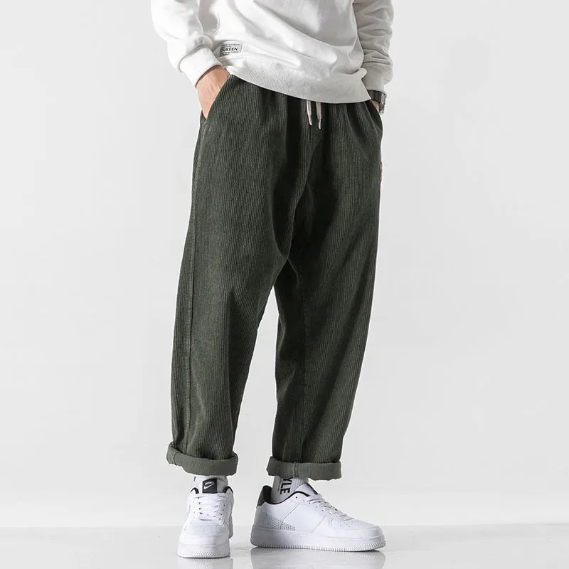 Men's loose straight corduroy sports trousers in Army Green colour with mid-waist design