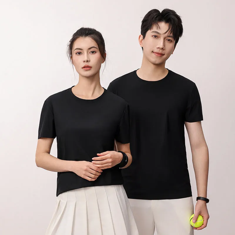 Ice Silk quick-dry antibacterial anti-UV slim-fit T-shirt in solid colours on a hanger.