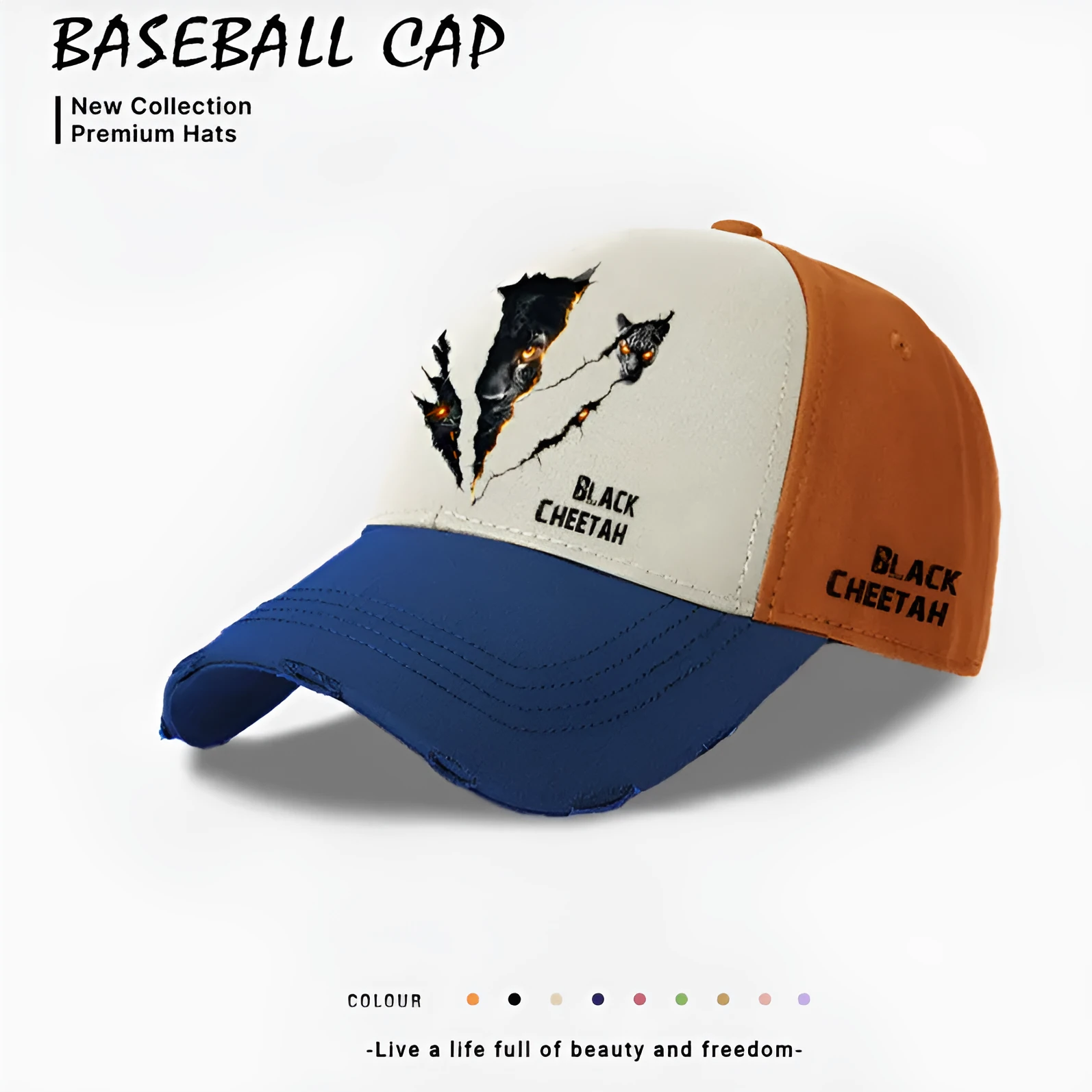 Men's casual polyester baseball cap on a plain background, shown in beige, black, and blue colour options.