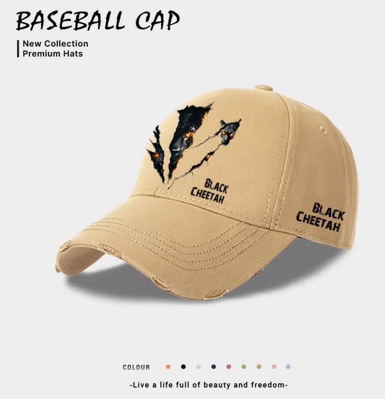 Men's casual polyester baseball cap on a plain background, shown in beige, black, and blue colour options.