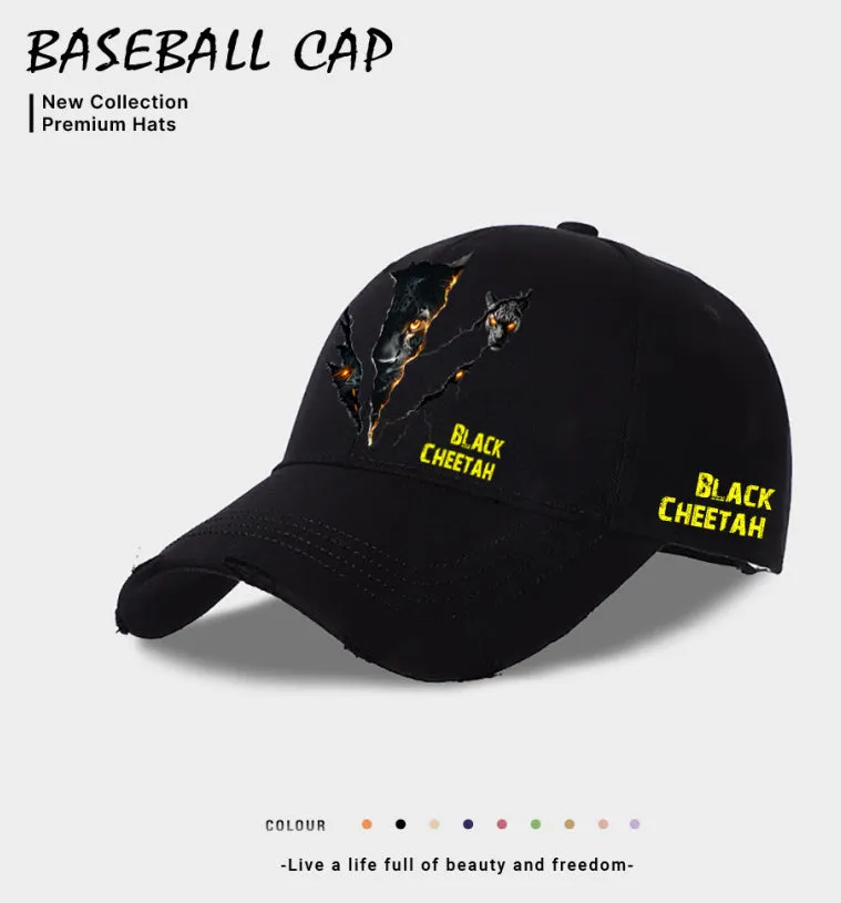 Men's casual polyester baseball cap on a plain background, shown in beige, black, and blue colour options.