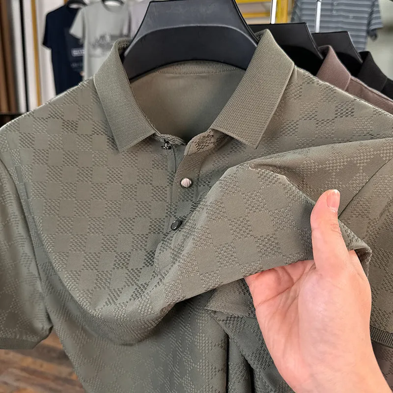 Rhombus patterned thin ice silk short sleeve t-shirt for men in black with a slit detail.