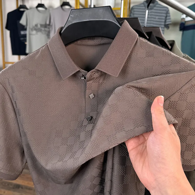 Rhombus patterned thin ice silk short sleeve t-shirt for men in black with a slit detail.