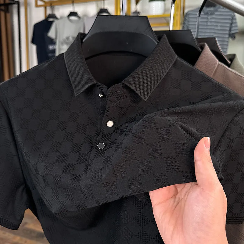 Rhombus patterned thin ice silk short sleeve t-shirt for men in black with a slit detail.
