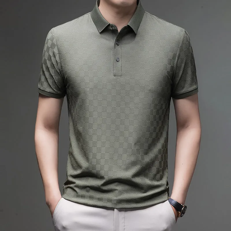 Rhombus patterned thin ice silk short sleeve t-shirt for men in black with a slit detail.