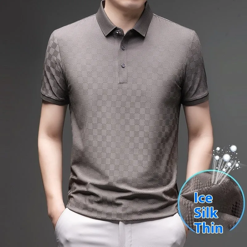 Rhombus patterned thin ice silk short sleeve t-shirt for men in black with a slit detail.