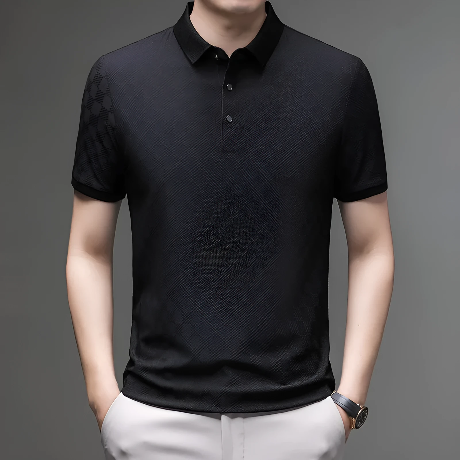 Rhombus patterned thin ice silk short sleeve t-shirt for men in black with a slit detail.