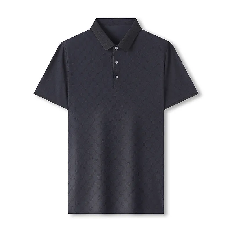 Rhombus patterned thin ice silk short sleeve t-shirt for men in black with a slit detail.
