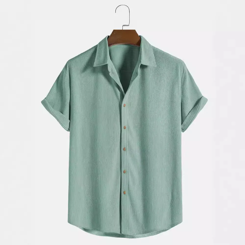 Men's casual short-sleeved polyester shirt in cardigan style on a hanger