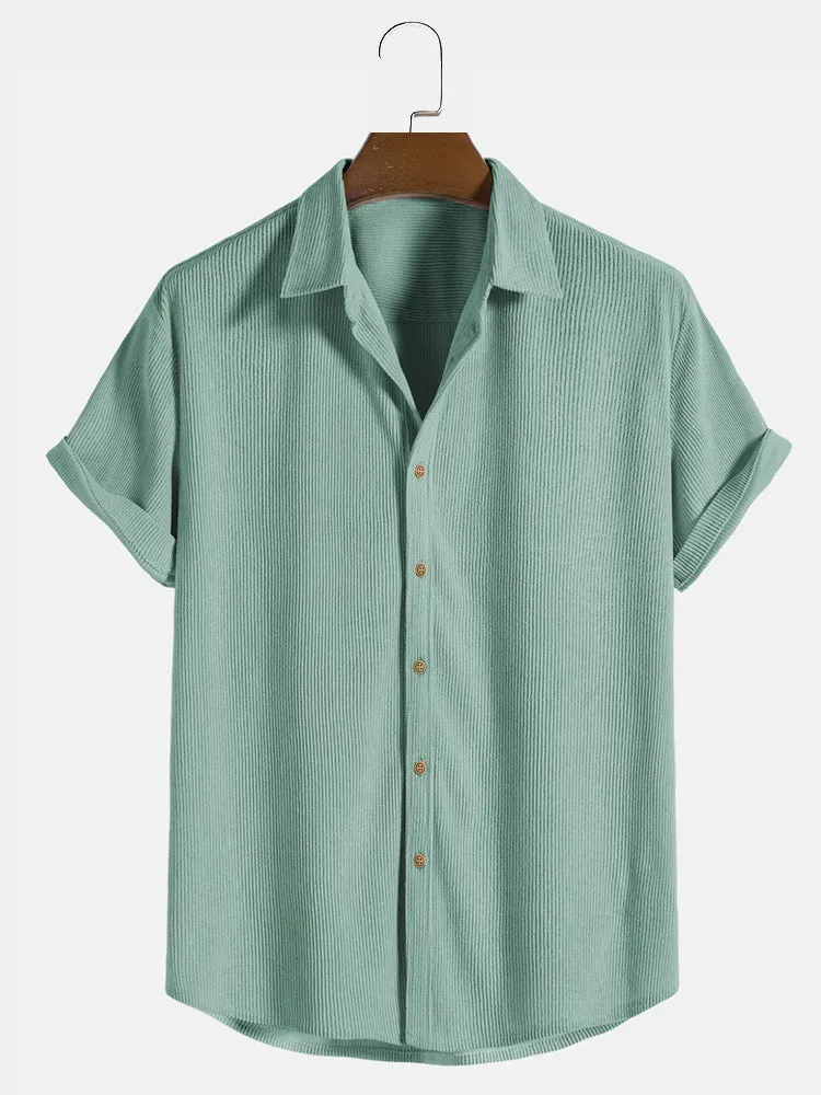 Men's casual short-sleeved polyester shirt in cardigan style on a hanger