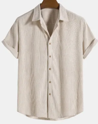 Men's casual short-sleeved polyester shirt in cardigan style on a hanger