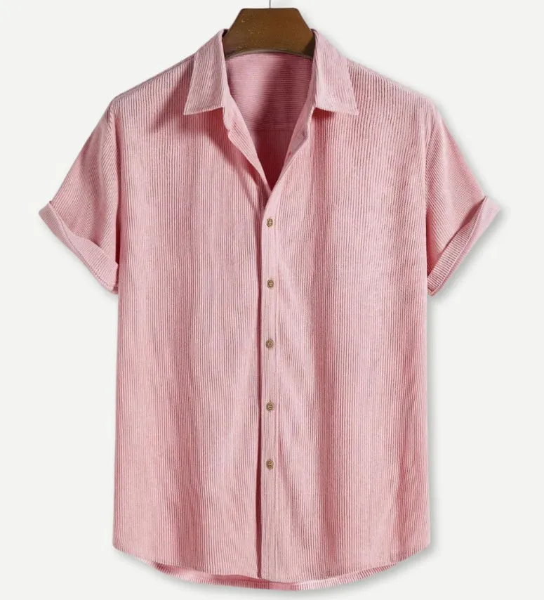 Men's casual short-sleeved polyester shirt in cardigan style on a hanger