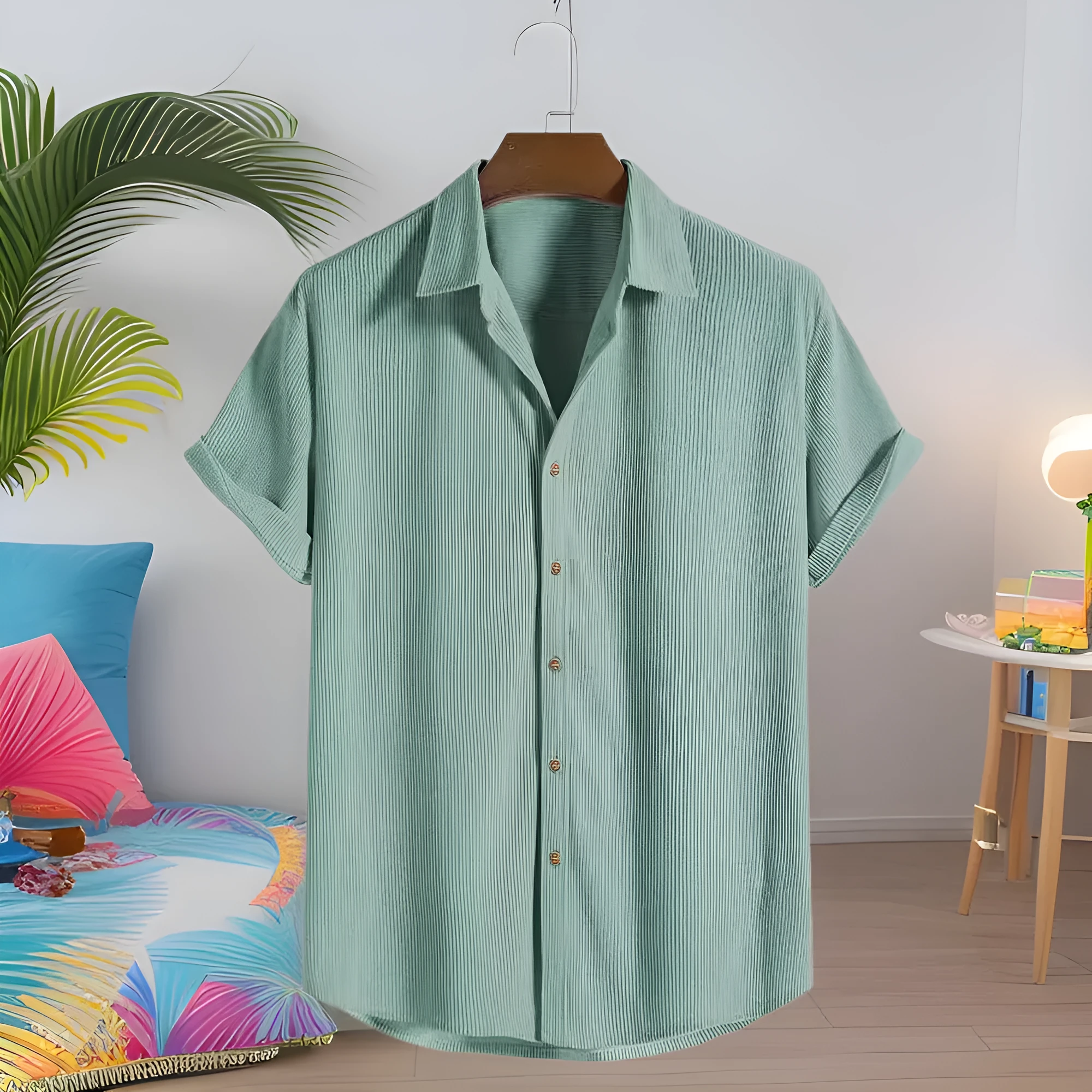 Men's casual short-sleeved polyester shirt in cardigan style on a hanger