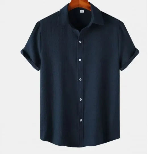 Men's casual short-sleeved polyester shirt in cardigan style on a hanger