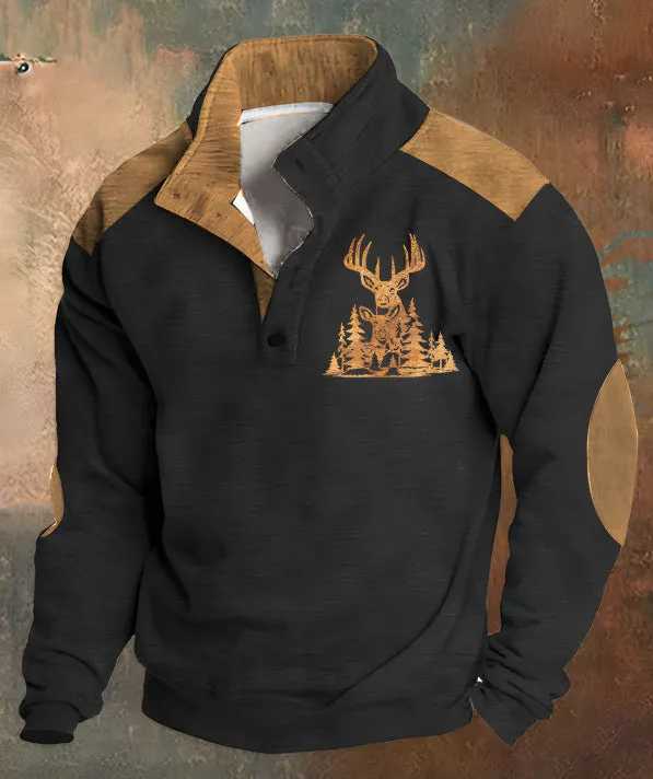 Teenager wearing a loose-fit long-sleeved sweater with a 3D digital print design and four buttons on the front.