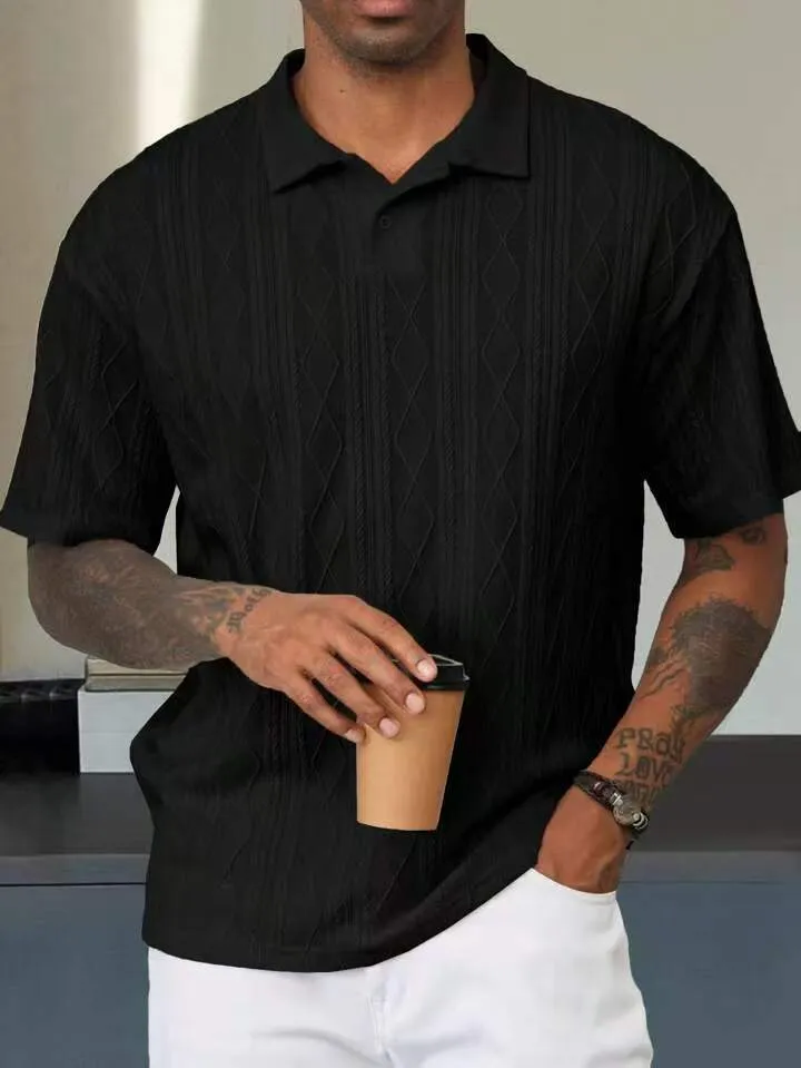Retro button lapel short sleeve t-shirt in a cotton blend fabric, shown in army green colour