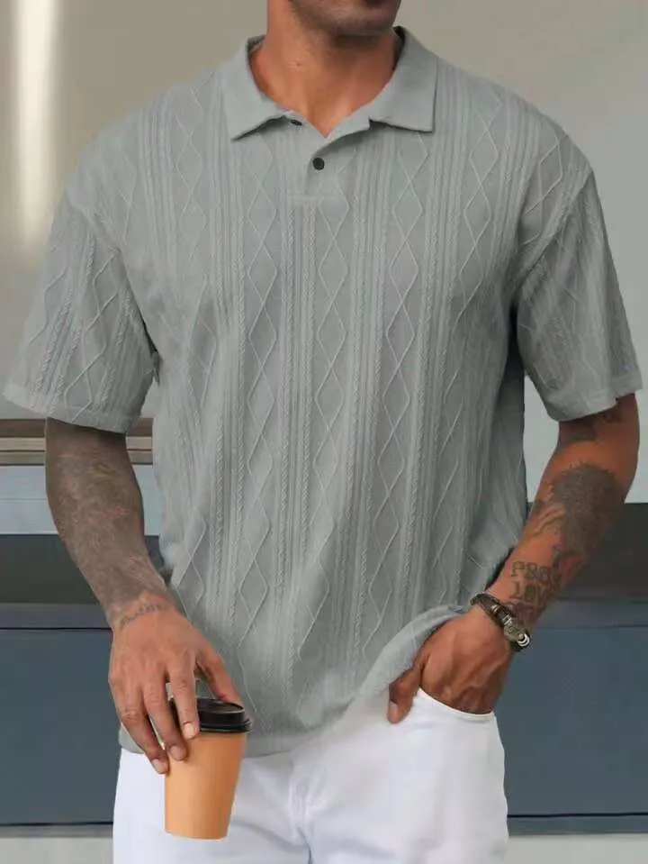 Retro button lapel short sleeve t-shirt in a cotton blend fabric, shown in army green colour
