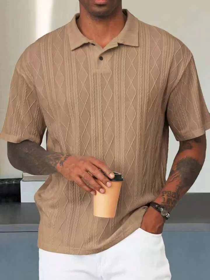 Retro button lapel short sleeve t-shirt in a cotton blend fabric, shown in army green colour