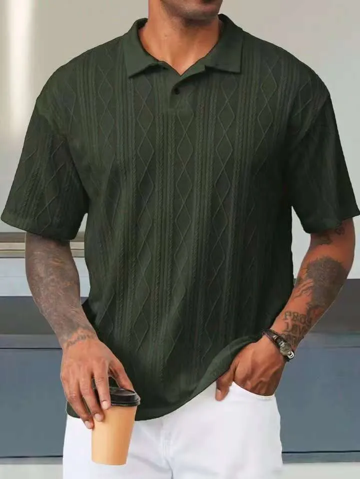 Retro button lapel short sleeve t-shirt in a cotton blend fabric, shown in army green colour