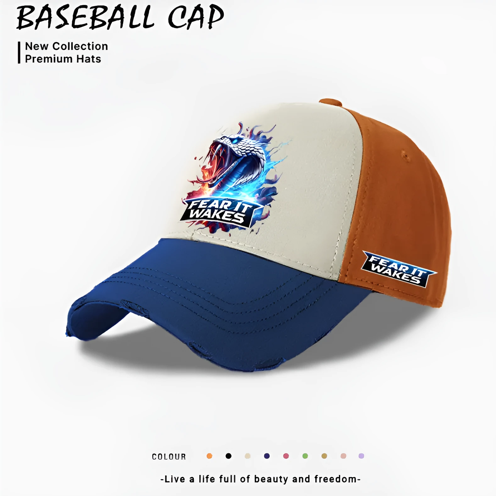 Men's casual polyester baseball cap in beige, black, or blue colour.