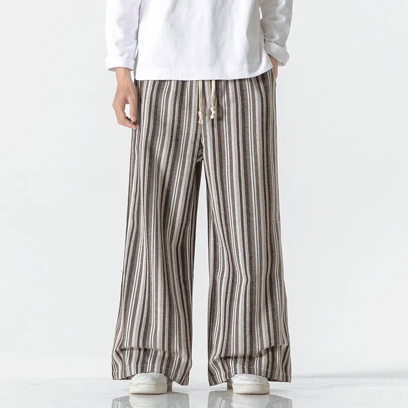 Vintage stripe loose straight mopping trousers in cotton blend fabric showing straight leg opening