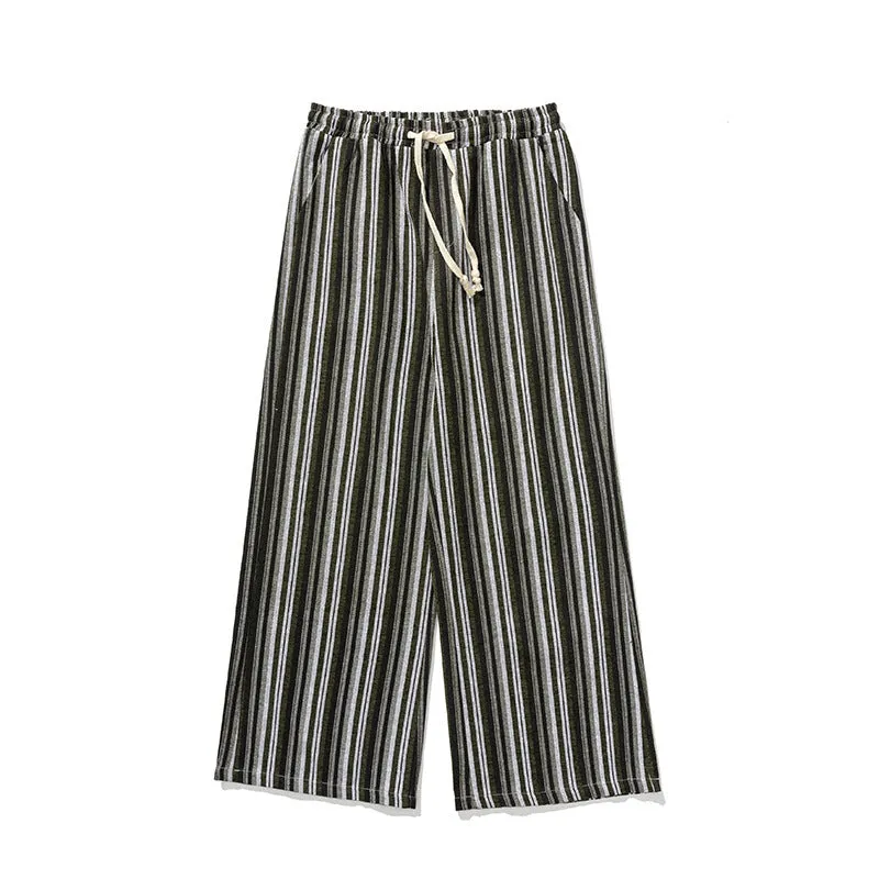 Vintage stripe loose straight mopping trousers in cotton blend fabric showing straight leg opening