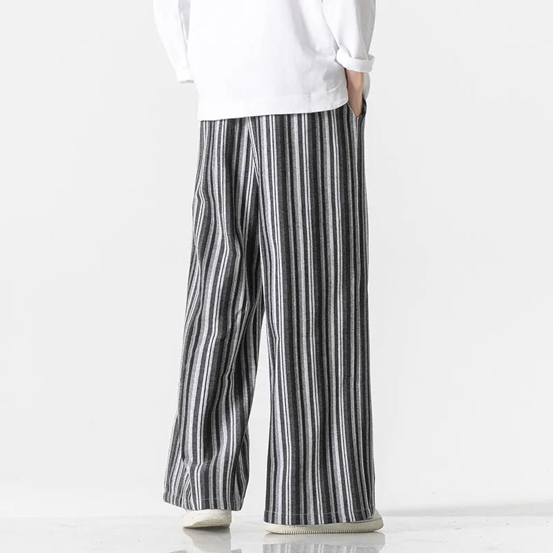 Vintage stripe loose straight mopping trousers in cotton blend fabric showing straight leg opening