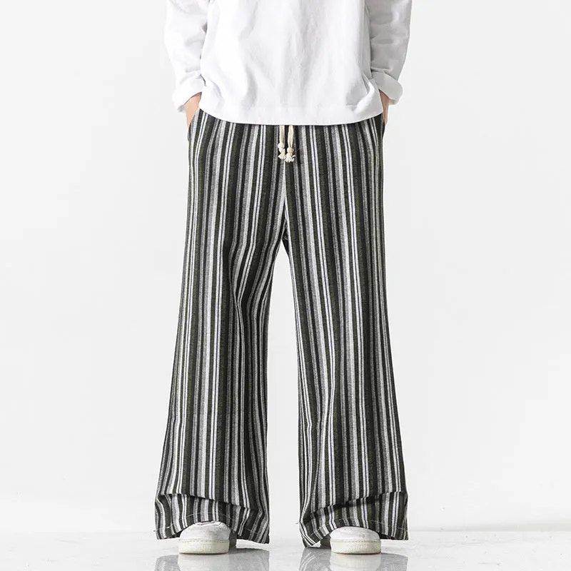 Vintage stripe loose straight mopping trousers in cotton blend fabric showing straight leg opening
