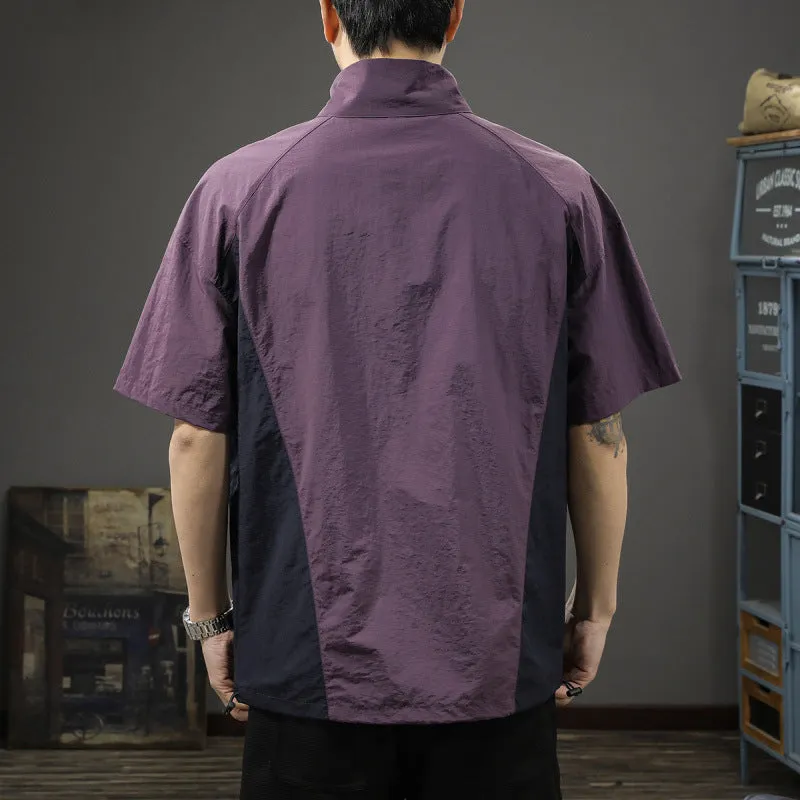 Brown men's Ice Silk half-zip shirt with stand collar and short sleeves laid flat