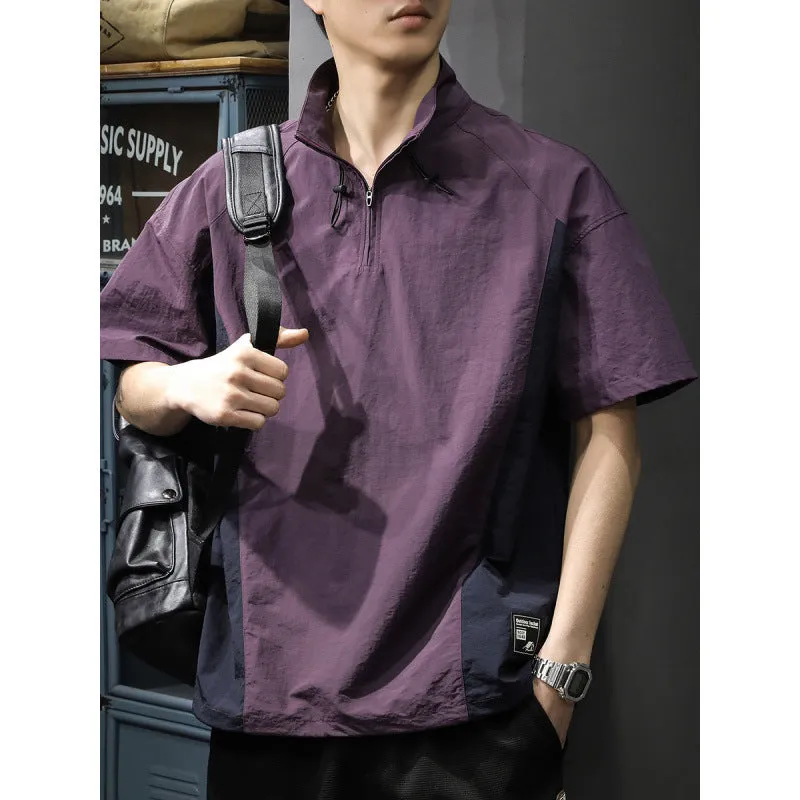 Brown men's Ice Silk half-zip shirt with stand collar and short sleeves laid flat