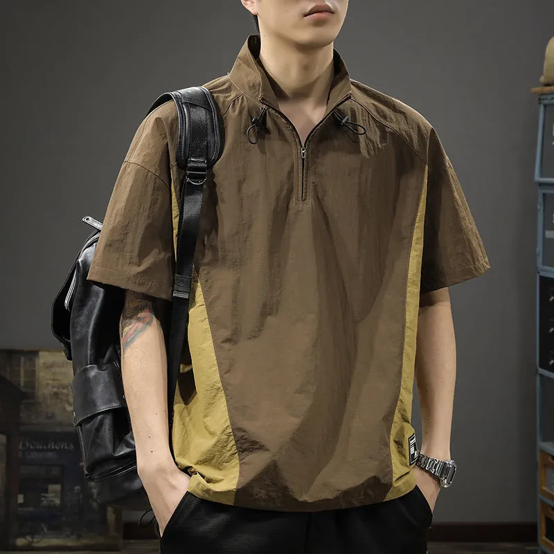 Brown men's Ice Silk half-zip shirt with stand collar and short sleeves laid flat