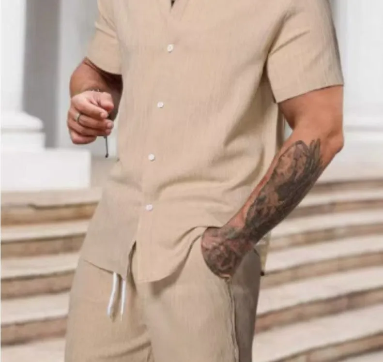 Men's polyester casual suit set with short sleeve shirt and matching shorts in street style
