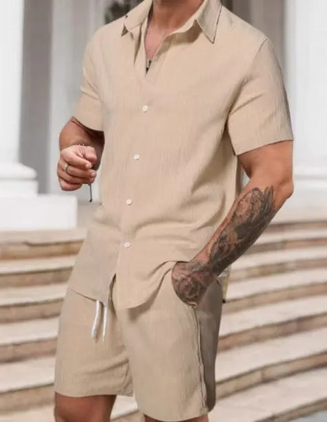 Men's polyester casual suit set with short sleeve shirt and matching shorts in street style