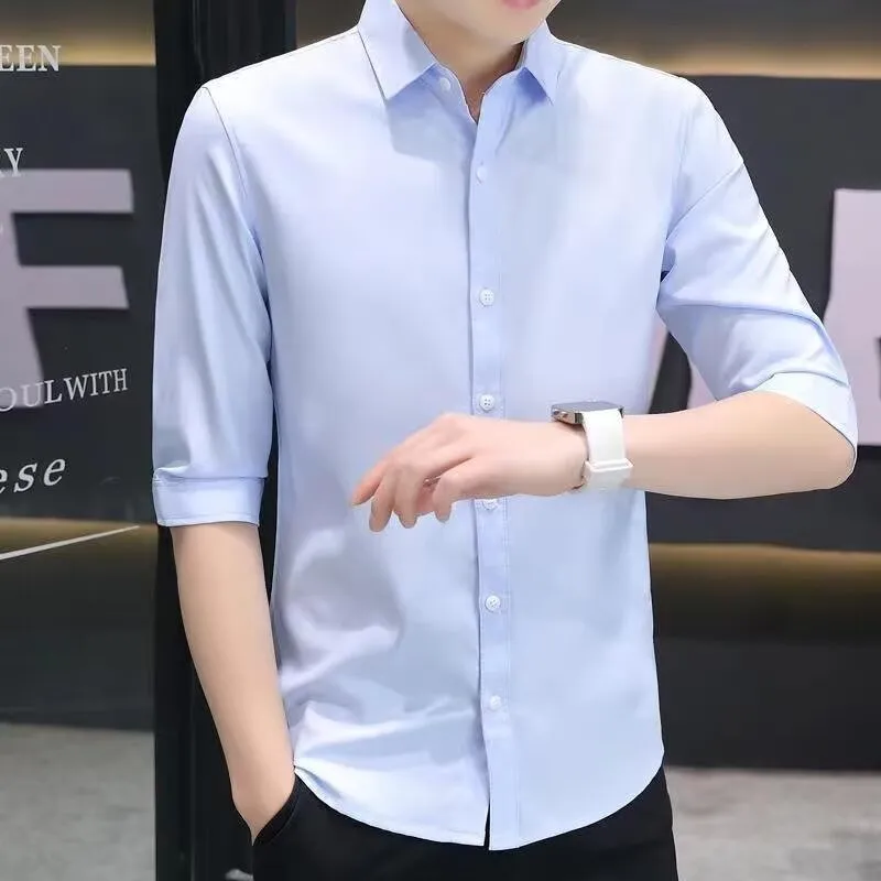 Men's slim-fit linen-blend half-sleeve shirt in light blue on a hanger.