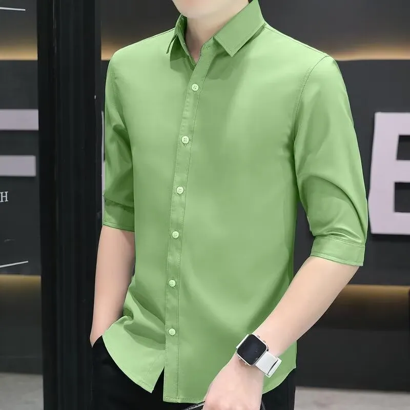 Men's slim-fit linen-blend half-sleeve shirt in light blue on a hanger.