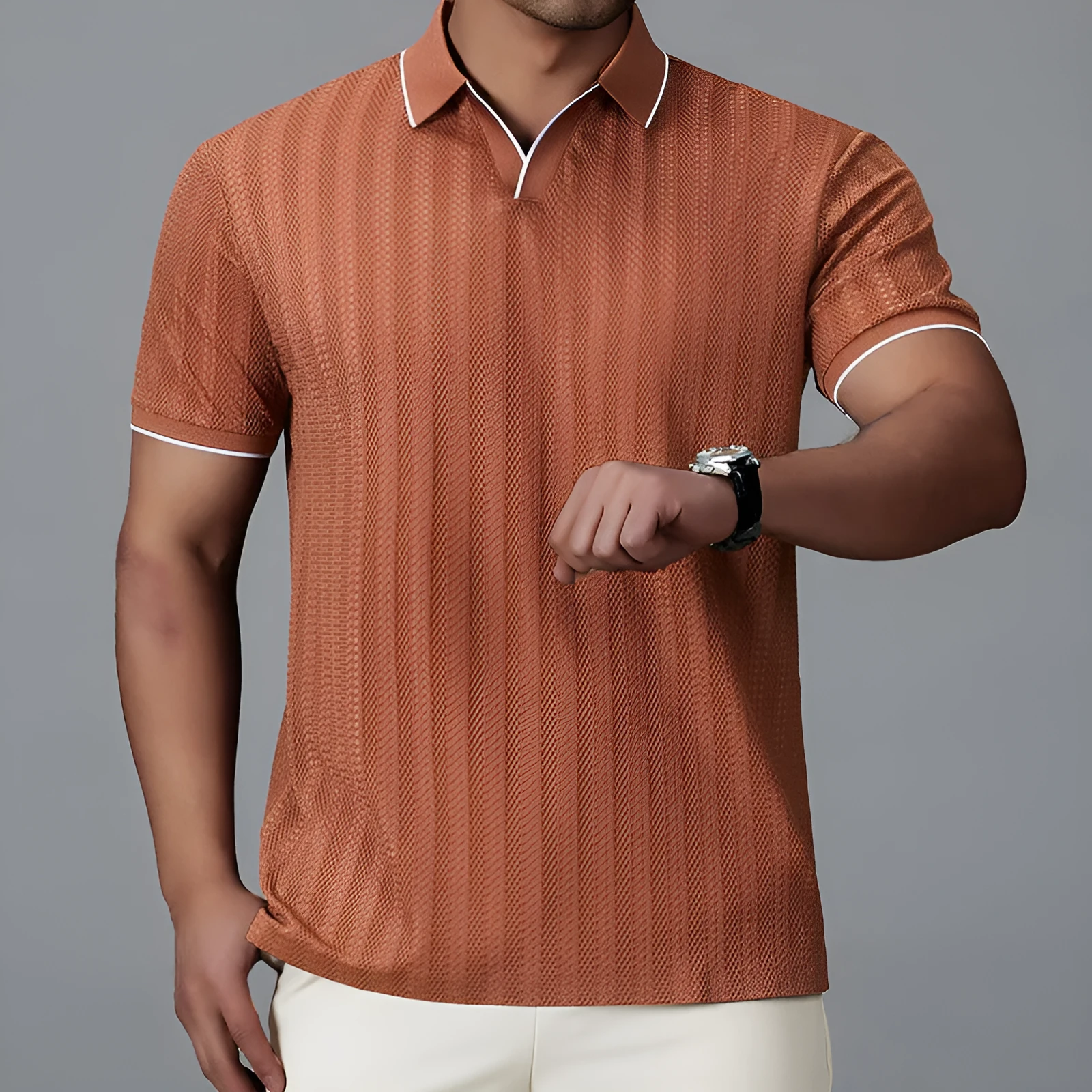 Men's thin nylon polo shirt in white colour with short sleeves and loose casual fit