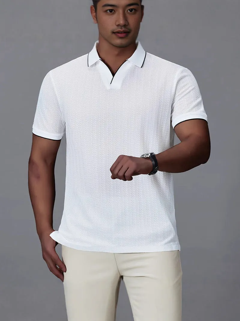 Men's thin nylon polo shirt in white colour with short sleeves and loose casual fit