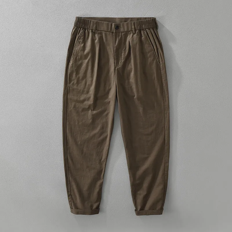 Men's straight-leg casual trousers in cotton-linen blend fabric with Japanese style design