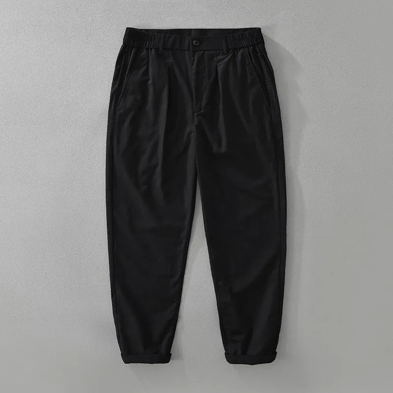Men's straight-leg casual trousers in cotton-linen blend fabric with Japanese style design
