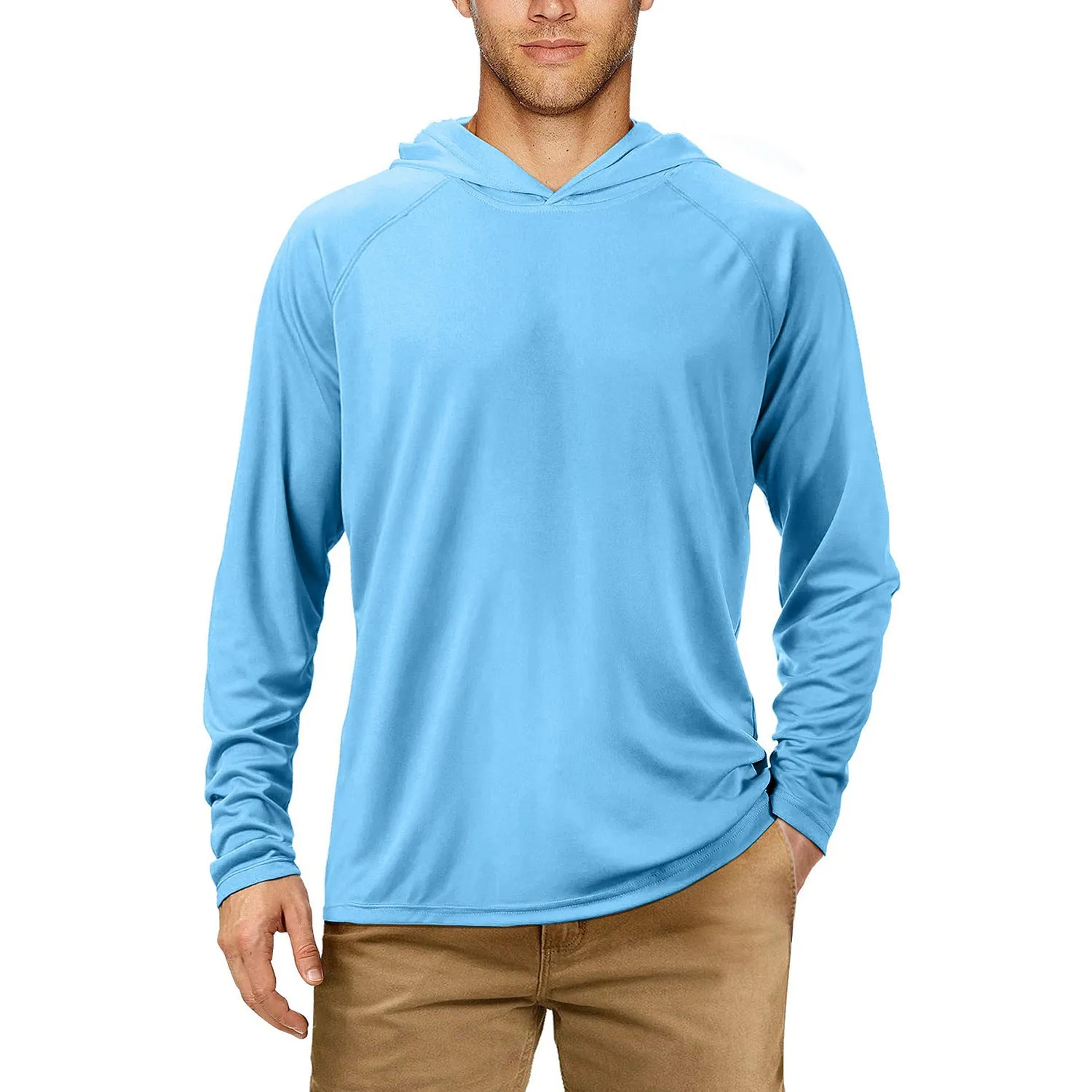 Man wearing a slim-fit hooded sun protection top in Army Green for outdoor fishing or cycling.