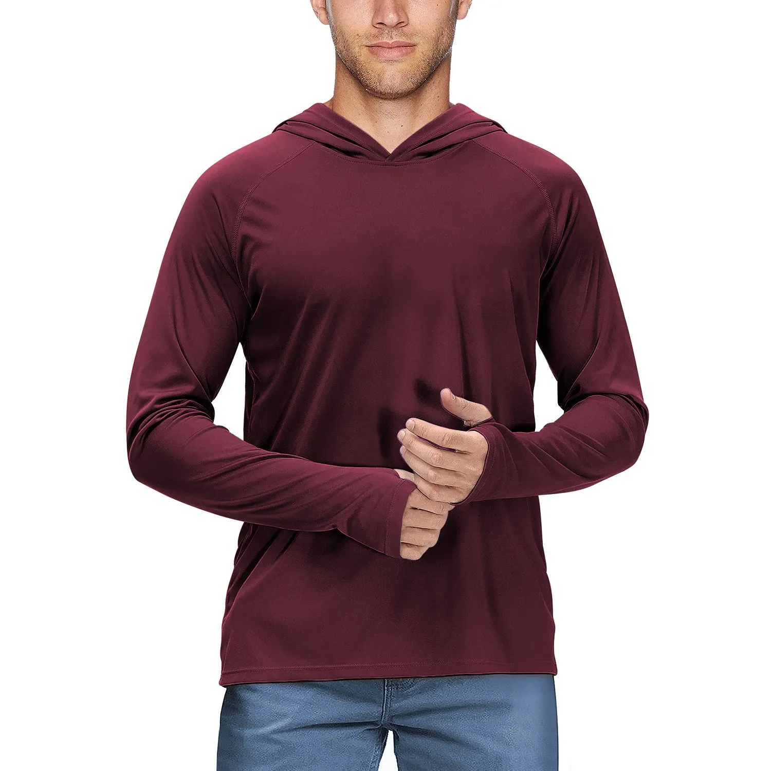 Man wearing a slim-fit hooded sun protection top in Army Green for outdoor fishing or cycling.
