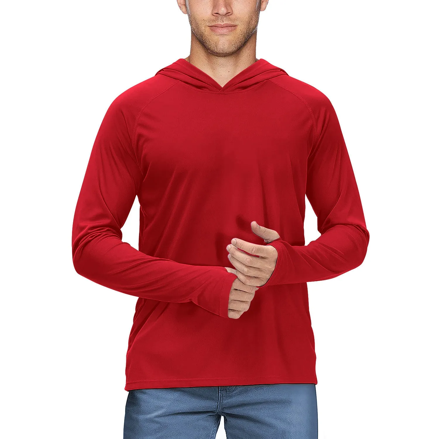 Man wearing a slim-fit hooded sun protection top in Army Green for outdoor fishing or cycling.