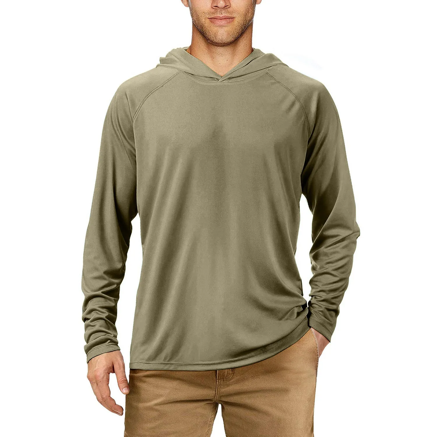 Man wearing a slim-fit hooded sun protection top in Army Green for outdoor fishing or cycling.