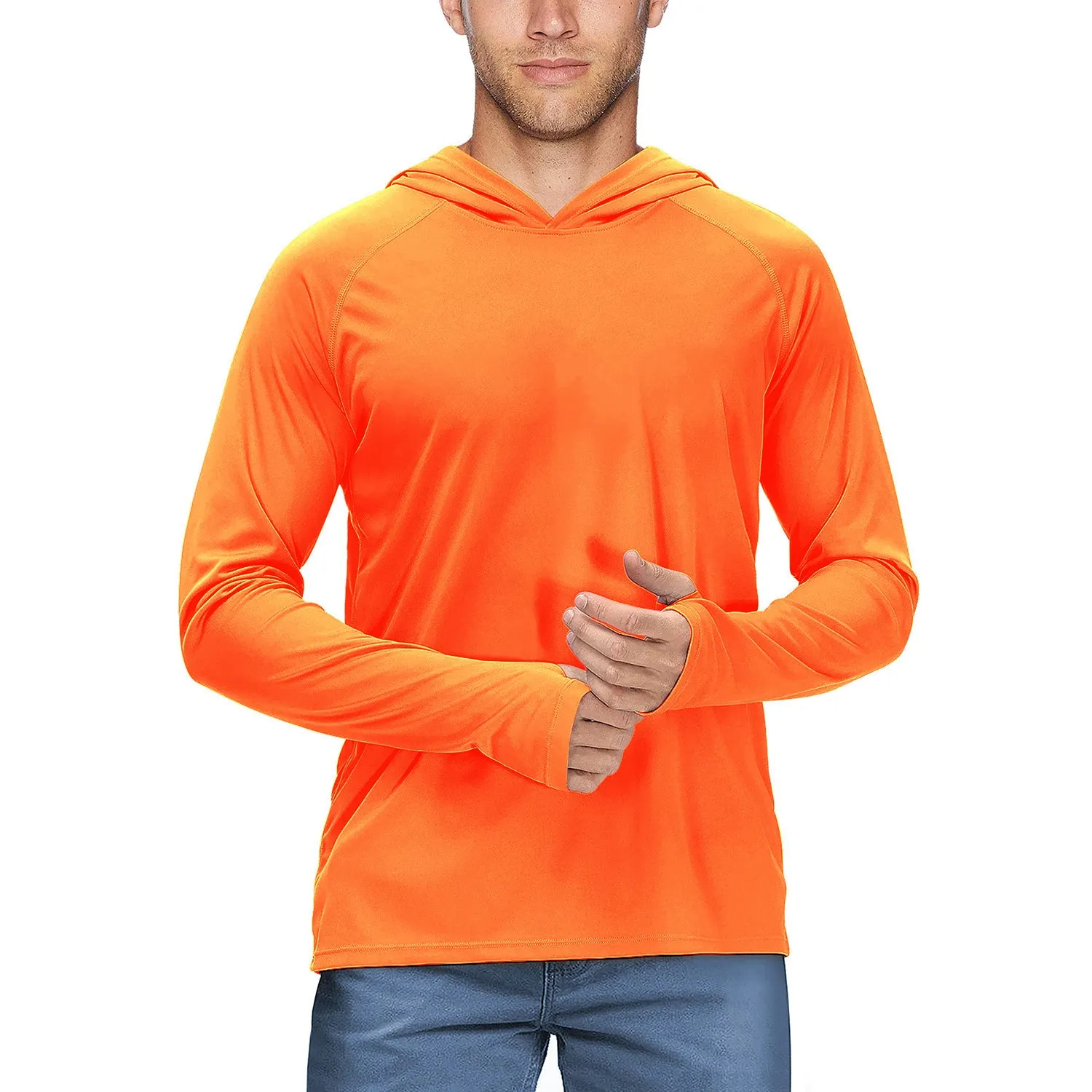 Man wearing a slim-fit hooded sun protection top in Army Green for outdoor fishing or cycling.